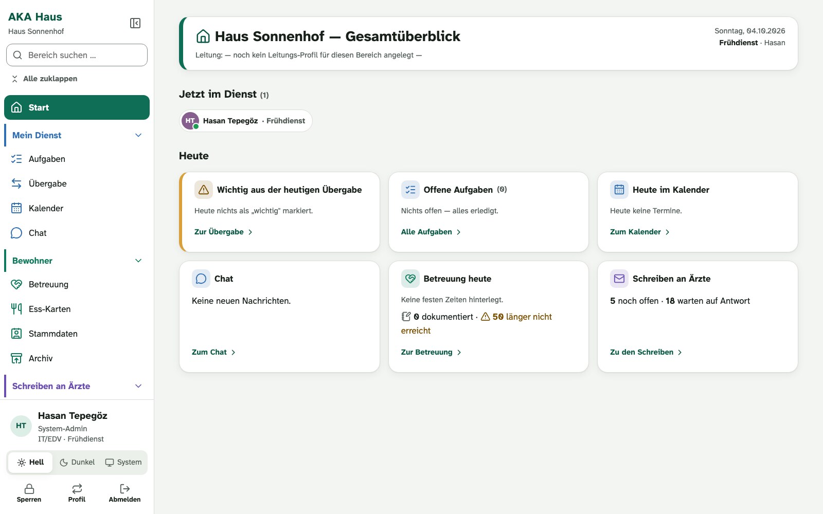 AKA Haus: Startseite mit Übergabe, Aufgaben, Kalender, Betreuung und Schreiben an Ärzte